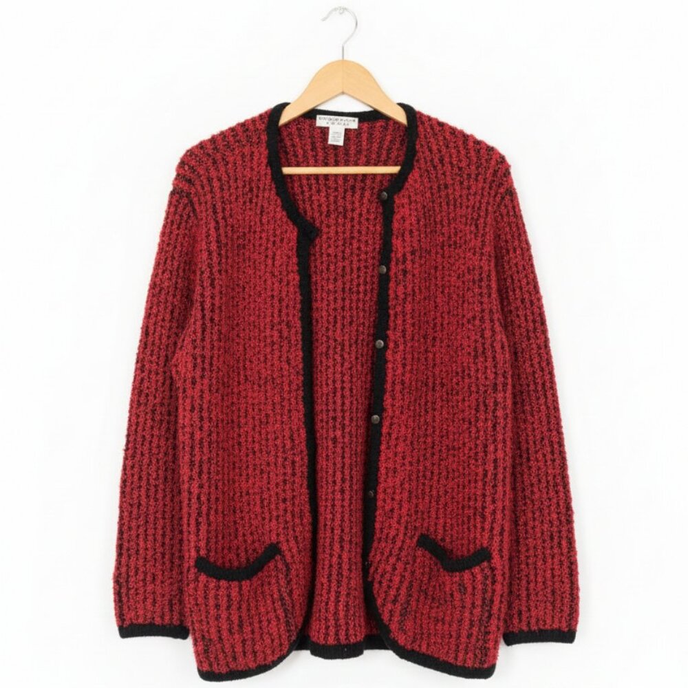 Bramble Lane Chunky Knit Cardigan Womens Medium Red‎ Black Cozy Sweater